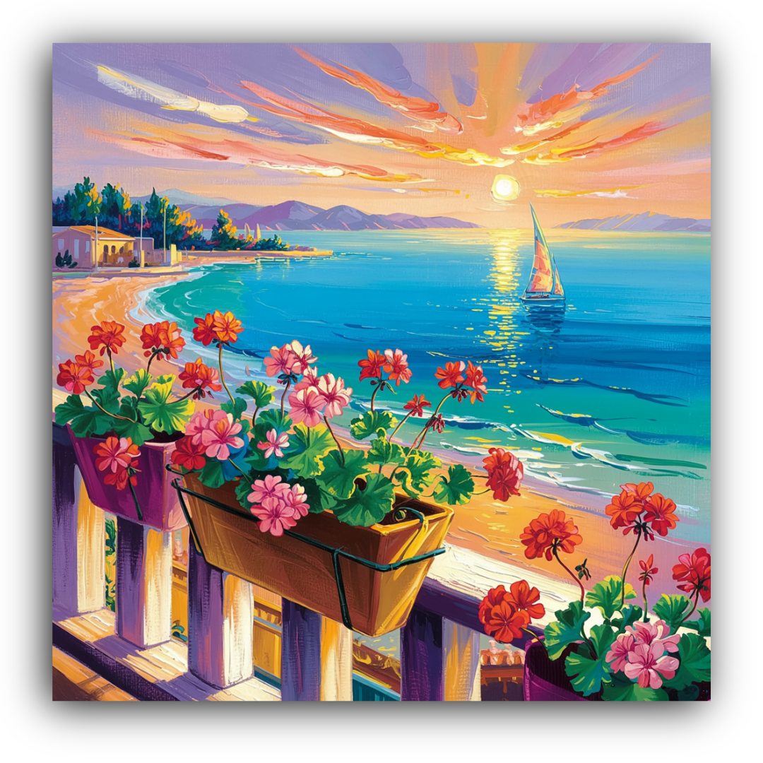 Seaside Balcony Sunset with Flowers