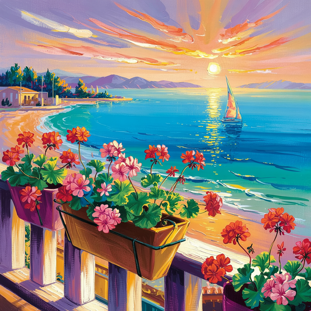 Seaside Balcony Sunset with Flowers